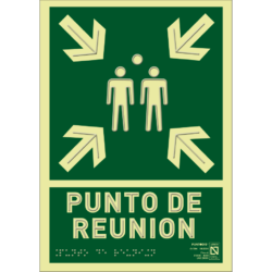 Placa fotoluminiscente Punto de reunión, braille y altorrelieve