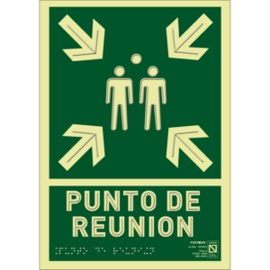 Placa fotoluminiscente Punto de reunión, braille y altorrelieve