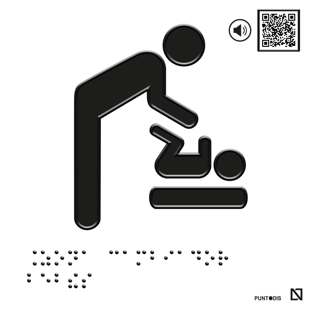 Placa con pictograma de zona cambiador de bebés en braille, fondo blanco y QR.