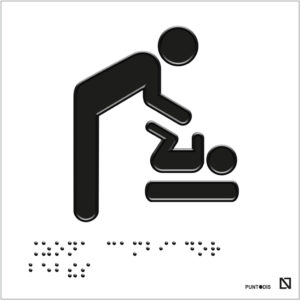 Placa con pictograma de zona cambiador de bebés en braille, fondo blanco.
