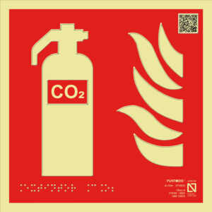 Placa fotoluminiscente Extintor CO2 con QR, braille y altorrelieve