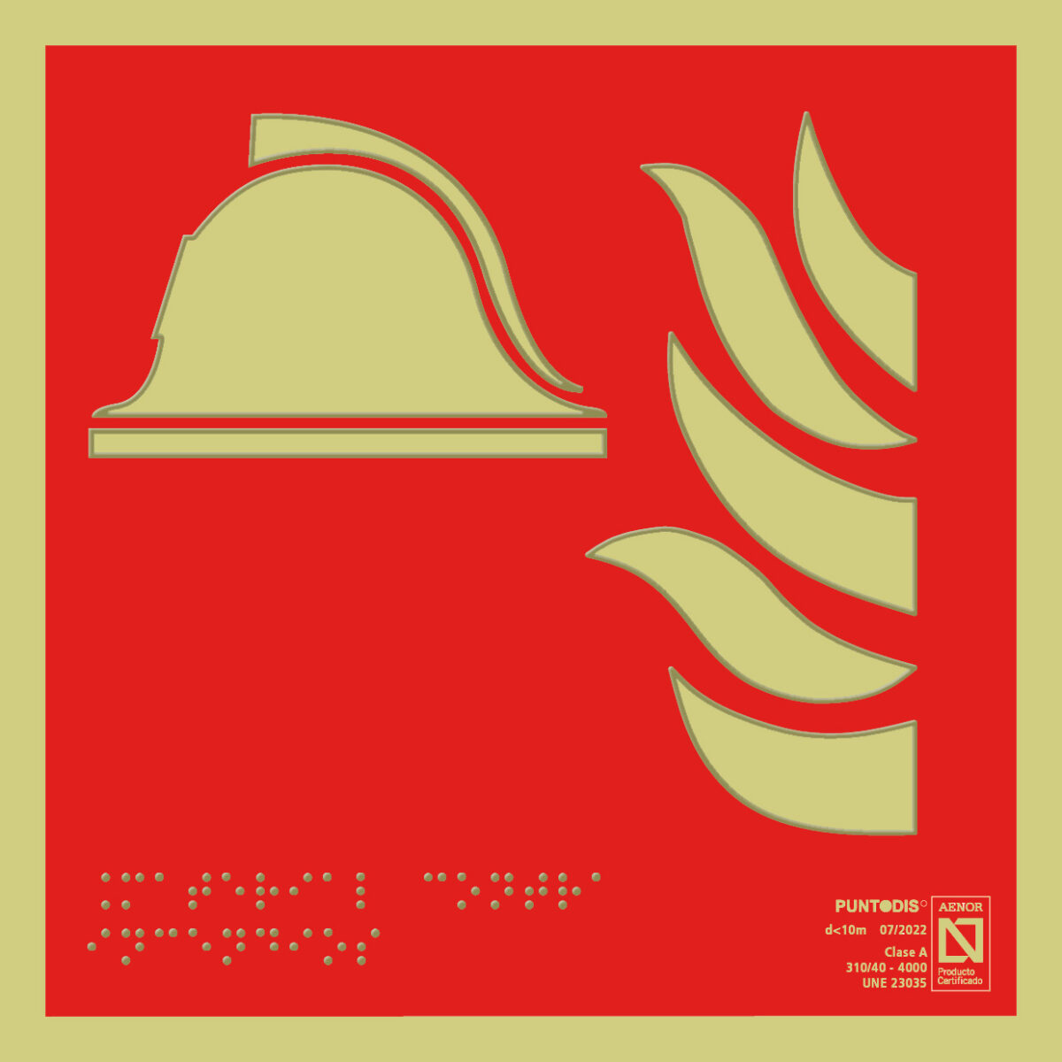 Placa fotoluminiscente Material contra incendios con QR, braille y altorrelieve