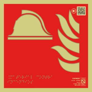 Placa fotoluminiscente Material contra incendios con QR, braille y altorrelieve