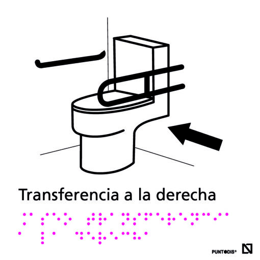 Imagen de la señal de Aseo con transferencia a la derecha en color blanco y el texto braille resaltado en magenta.