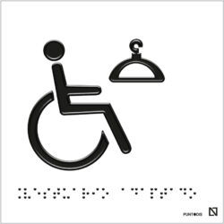 Placa con pictograma de vestuario junto con el símbolo de SIA en braille y fondo blanco