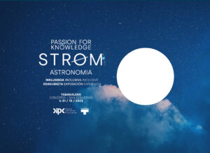 Cartel de exposición inclusiva de astronomia con un cielo nocturno azul y una luna llena blanca