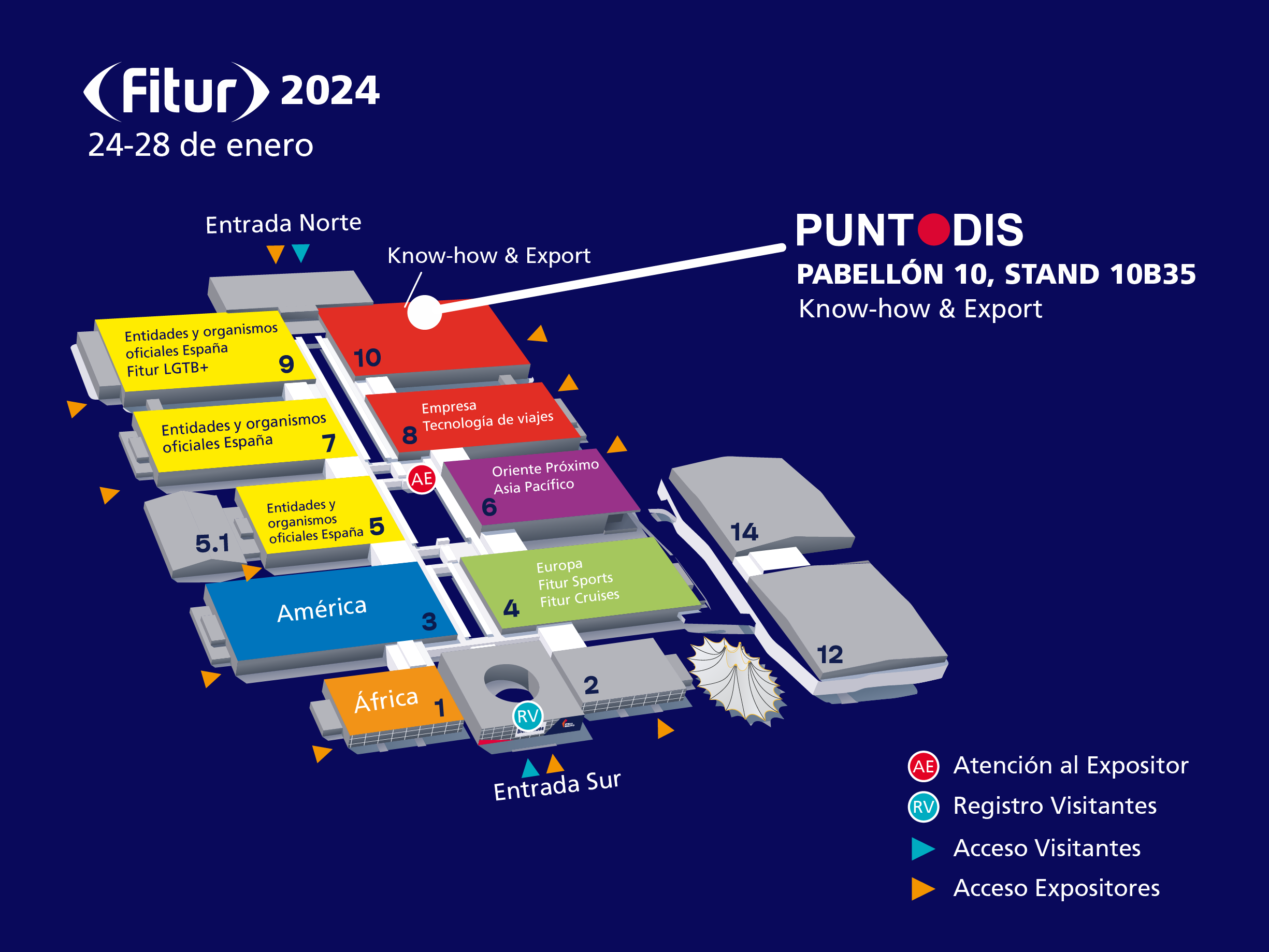 Plano en el que se ven los sectores de FITUR 2024 y la ubicación de Puntodis