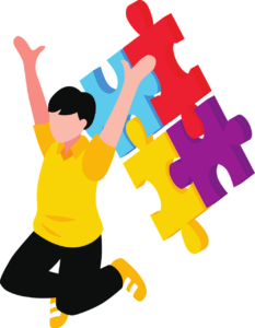 Persona saltando de felicidad con 4 piezas de puzzle detrás