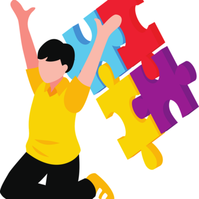 Persona saltando de felicidad con 4 piezas de puzzle detrás