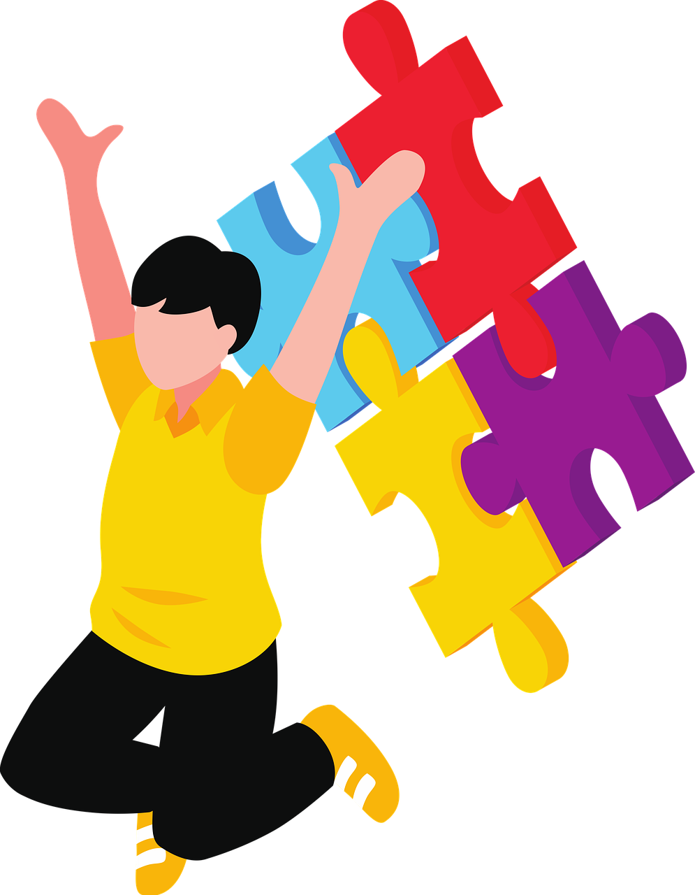 Persona saltando de felicidad con 4 piezas de puzzle detrás
