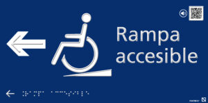 Placa Rampa accesible izquierda con QR, braille y altorrelieve