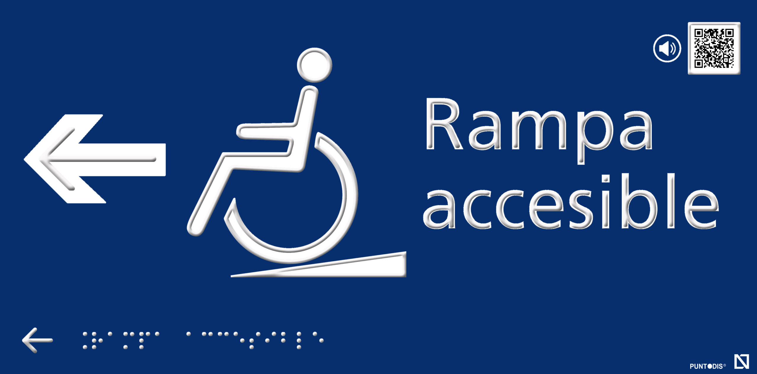 Placa Rampa accesible izquierda con QR, braille y altorrelieve