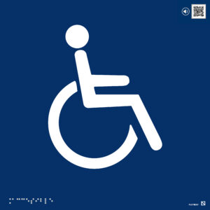 Placa Símbolo Internacional de accesibilidad en braille y altorrelieve con QR, y en aluminio