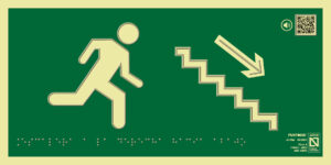 Placa fotoluminiscente Escaleras a la derecha hacia abajo, con QR, braille y altorrelieve