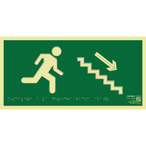 Placa fotoluminiscente Escaleras a la derecha hacia abajo, braille y altorrelieve