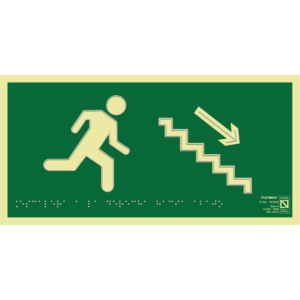 Placa fotoluminiscente Escaleras a la derecha hacia abajo, braille y altorrelieve