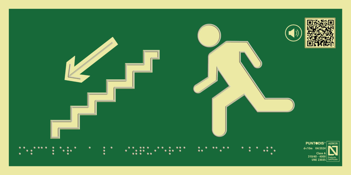 Placa fotoluminiscente Escaleras a la izquierda hacia abajo, con QR, braille y altorrelieve