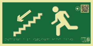 Placa fotoluminiscente Escaleras a la izquierda hacia abajo, con QR, braille y altorrelieve