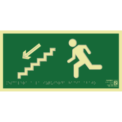 Placa fotoluminiscente Escaleras a la izquierda hacia abajo, braille y altorrelieve