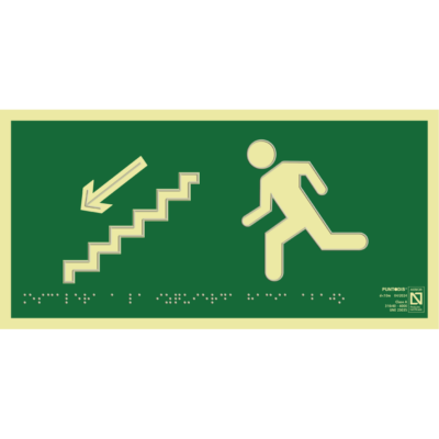 Placa fotoluminiscente Escaleras a la izquierda hacia abajo, braille y altorrelieve