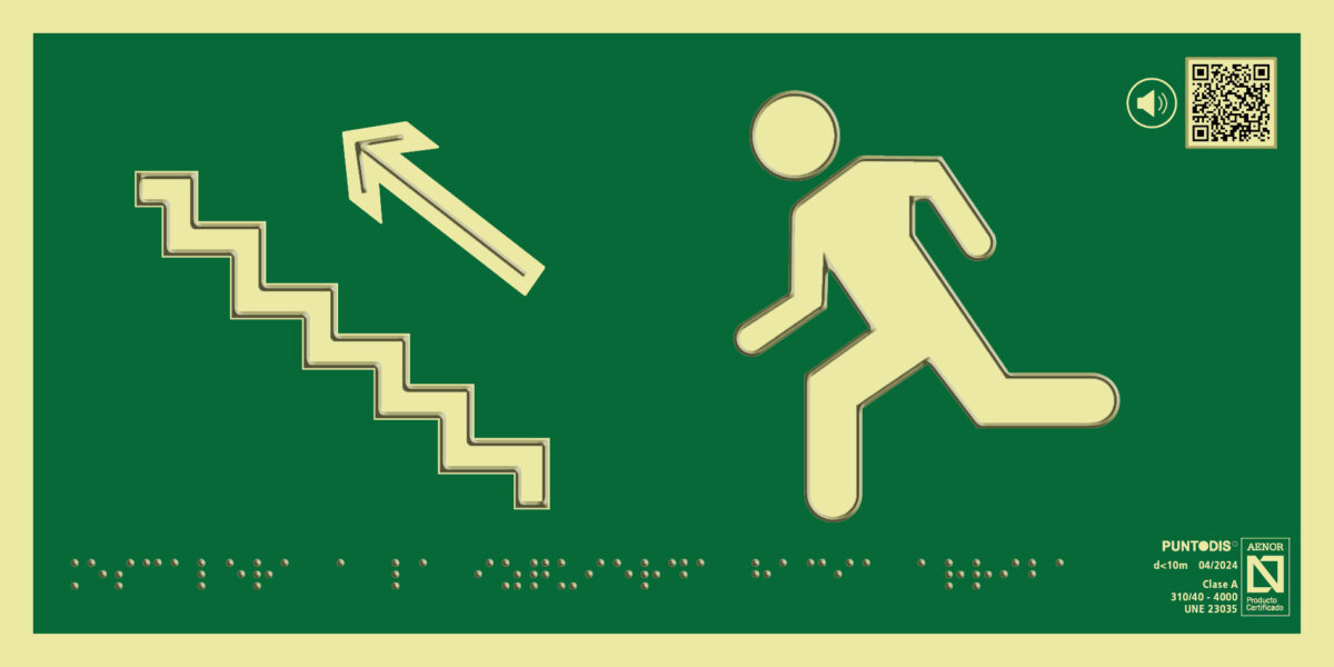 Placa fotoluminiscente Escaleras a la izquierda hacia arriba, con QR, braille y altorrelieve