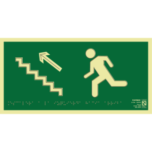 Placa fotoluminiscente Escaleras a la izquierda hacia arriba, braille y altorrelieve