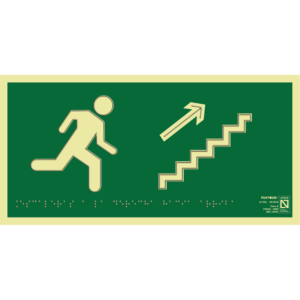 Placa fotoluminiscente Escaleras a la derecha hacia arriba, braille y altorrelieve