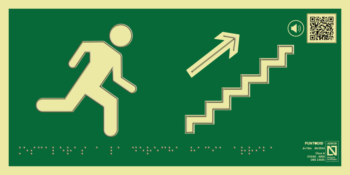 Placa fotoluminiscente Escaleras a la derecha hacia arriba, con QR, braille y altorrelieve