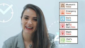 La presentadora (embajadora) de VOICE promocionando la familia de herramientas “Voice” con los logos de Museum's, Emergency, Doc´s, Map´s y Chef's Voice.
