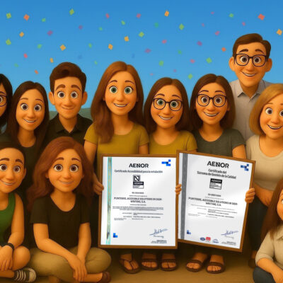 Equipo de trabajo de Puntodis en estilo caricatura, posando sonrientes al aire libre y celebrando la renovación de certificados AENOR de calidad y accesibilidad, con confeti de colores en el cielo.
