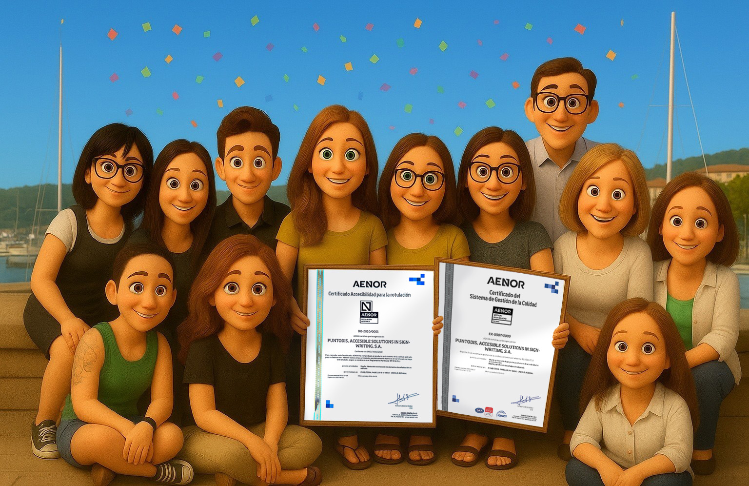 Equipo de trabajo de Puntodis en estilo caricatura, posando sonrientes al aire libre y celebrando la renovación de certificados AENOR de calidad y accesibilidad, con confeti de colores en el cielo.