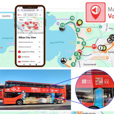 Collage de Map’s Voice con mapa digital en móvil y bus turístico urbano con el icono y QR de la solución integrados en la señalización accesible.