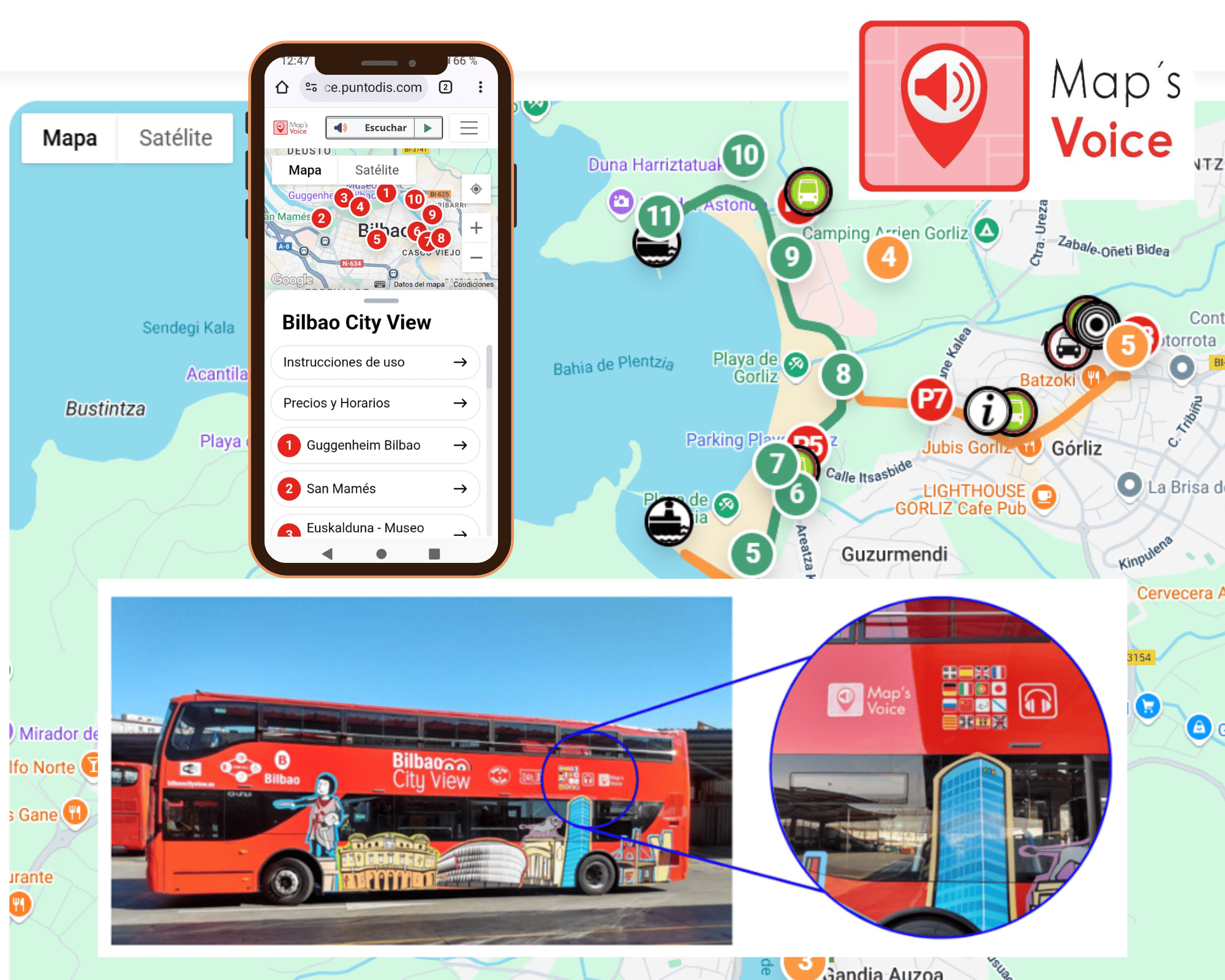 Collage de Map’s Voice con mapa digital en móvil y bus turístico urbano con el icono y QR de la solución integrados en la señalización accesible.