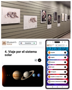 Collage con paneles expositivos en pared y pantallas de Museum’s Voice mostrando contenidos accesibles, selección de idiomas y un módulo educativo sobre el sistema solar.