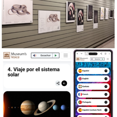 Collage con paneles expositivos en pared y pantallas de Museum’s Voice mostrando contenidos accesibles, selección de idiomas y un módulo educativo sobre el sistema solar.