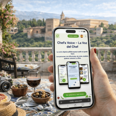 Mano sosteniendo un smartphone que muestra la web de Chef’s Voice, con la carta digital audible y accesible para restaurantes.
