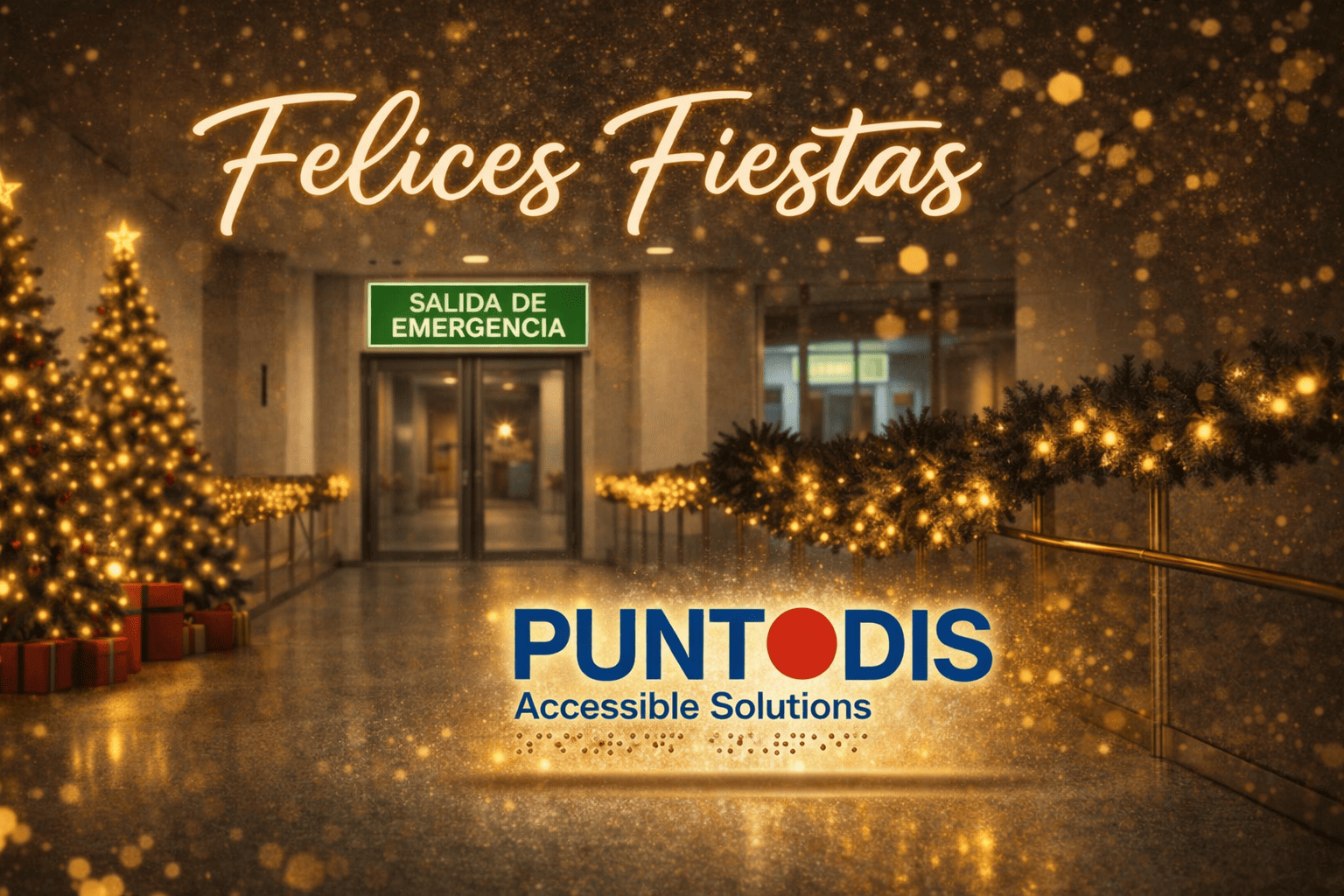 Pasillo interior decorado con luces y adornos navideños, con el mensaje “Felices Fiestas” en la parte superior, una señal fotoluminiscente de salida de emergencia visible al fondo y el logotipo de Puntodis Accessible Solutions en primer plano.