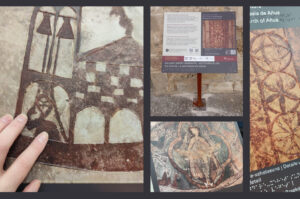 Collage de 4 imágenes de paneles tactovisuales donde se ven las pinturas de las iglesias