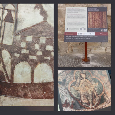 Collage de 4 imágenes de paneles tactovisuales donde se ven las pinturas de las iglesias