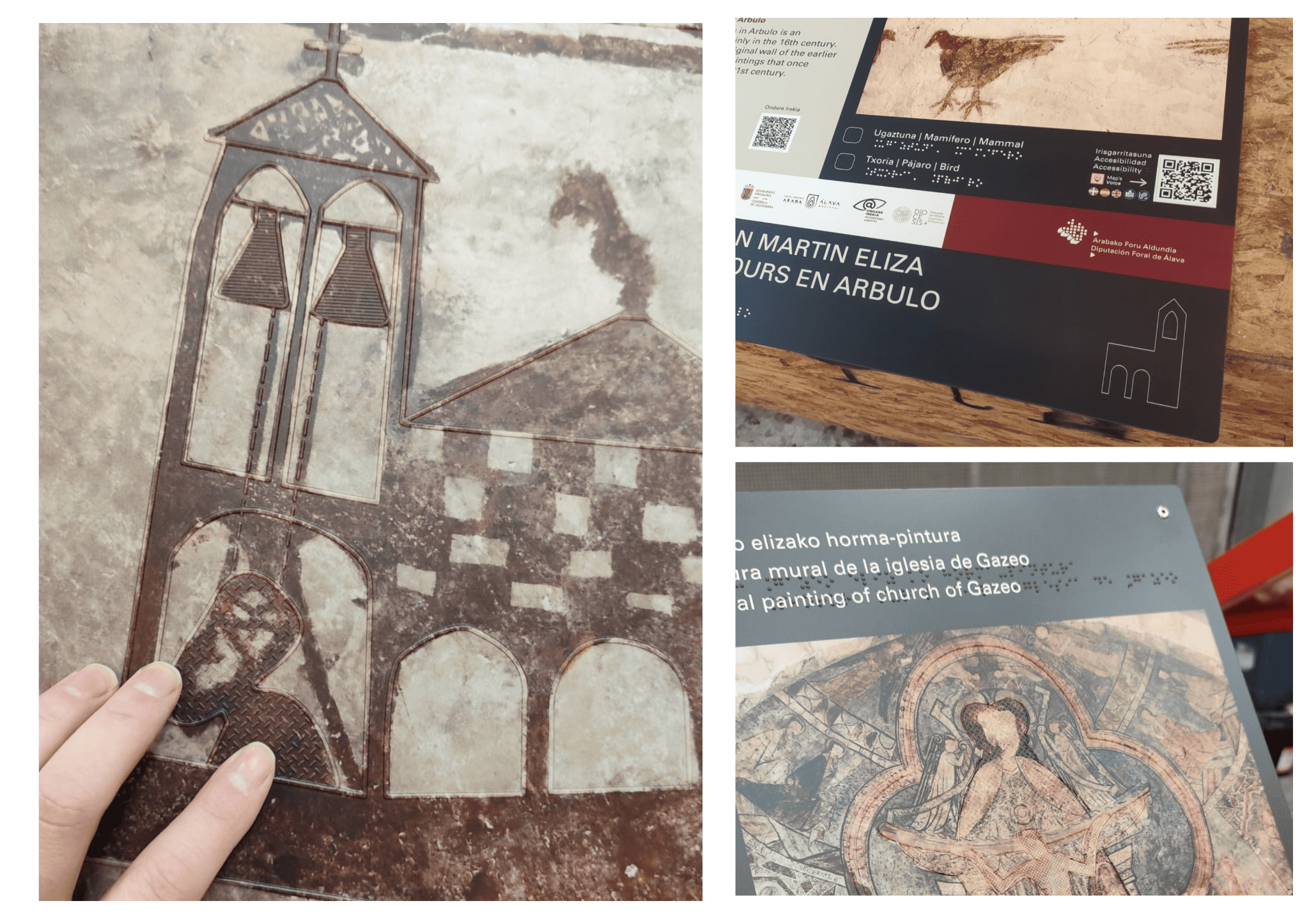Detalle de panel accesible con opciones de contenido en mamífero y pájaro, braille y códigos QR.