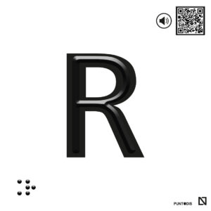 Placa letra R en braille y altorrelieve con QR, y en aluminio