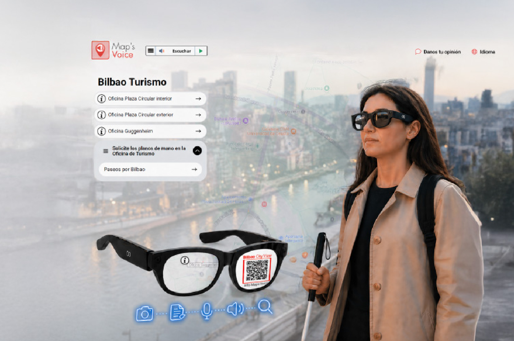 Mujer con gafas inteligentes y bastón blanco en un entorno urbano de Bilbao. Al fondo la interfaz de Map’s Voice, mientras unas gafas ampliadas incorporan un código QR para acceder a información multiformato.