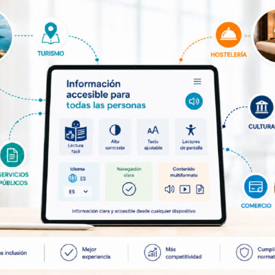 Interfaz digital accesible en tablet conectada a sectores como turismo, hostelería, cultura, comercio y servicios públicos, representando la accesibilidad digital en distintos entornos.