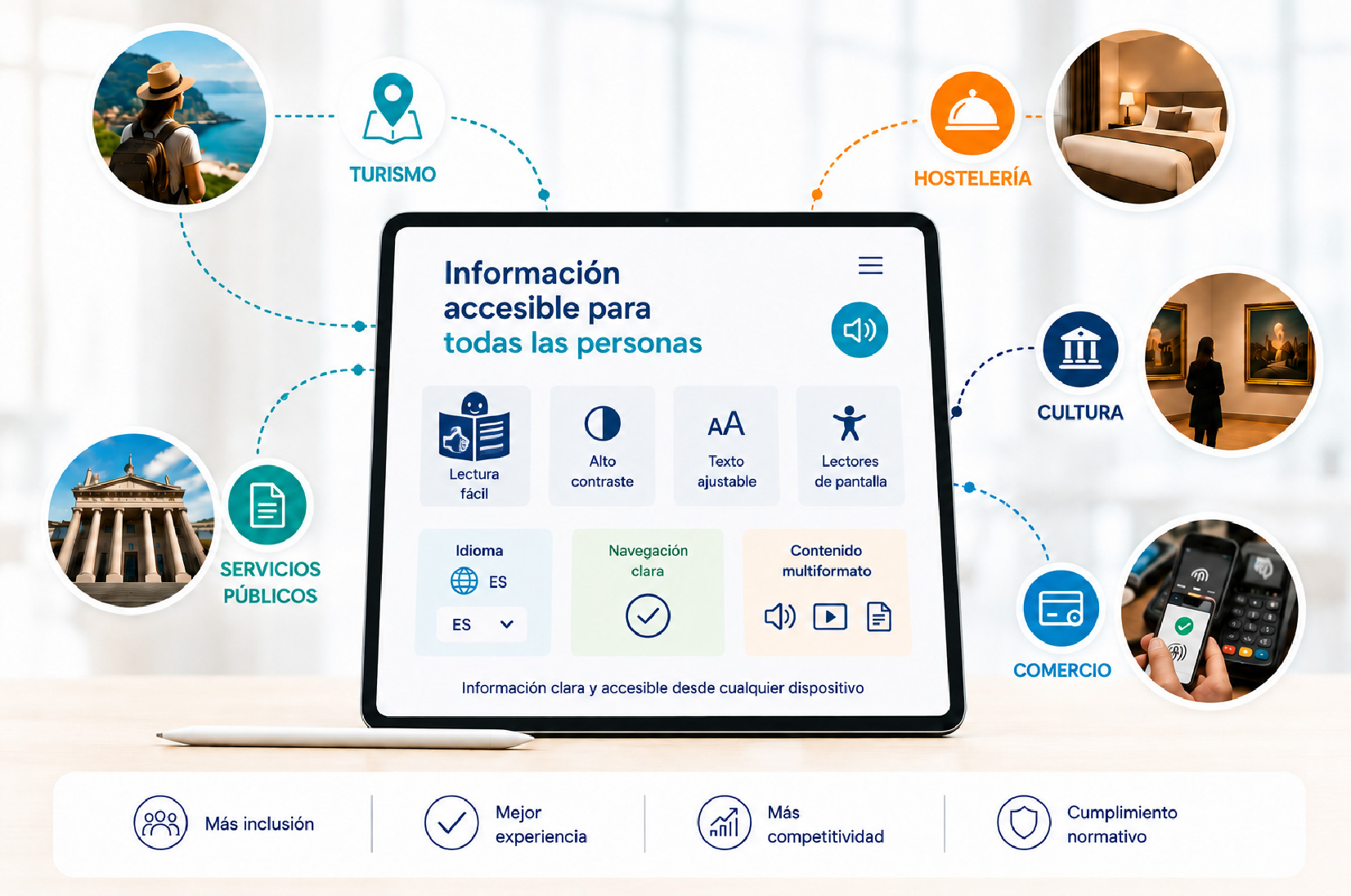 Interfaz digital accesible en tablet conectada a sectores como turismo, hostelería, cultura, comercio y servicios públicos, representando la accesibilidad digital en distintos entornos.