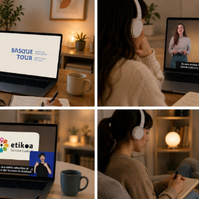 Collage de cuatro escenas que muestran a una persona siguiendo formación online sobre accesibilidad turística desde casa, frente a un portátil. En las pantallas se visualizan contenidos de los módulos formativos, subtítulos, apoyo en lengua de signos y gráficos explicativos.