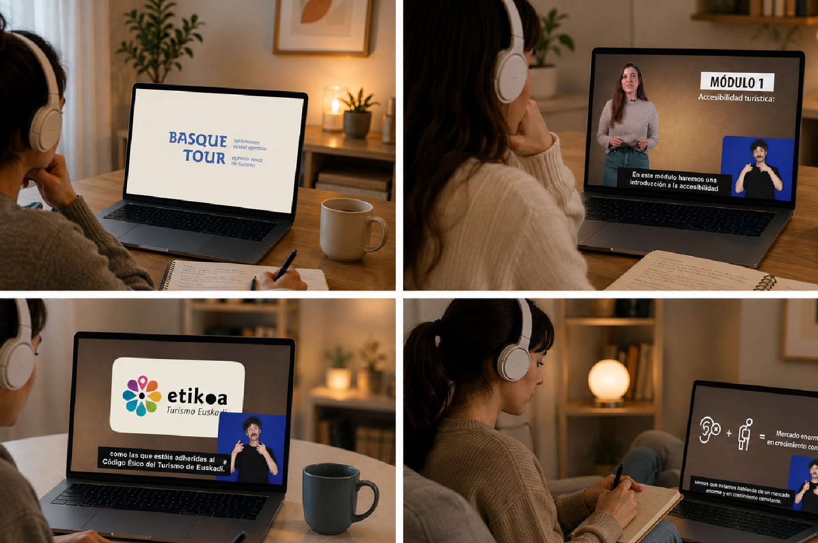Collage de cuatro escenas que muestran a una persona siguiendo formación online sobre accesibilidad turística desde casa, frente a un portátil. En las pantallas se visualizan contenidos de los módulos formativos, subtítulos, apoyo en lengua de signos y gráficos explicativos.