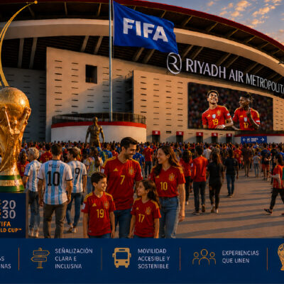 Ilustración frente al estadio Riyadh Air Metropolitano con aficionados de distintas nacionalidades durante un ambiente de Mundial. En primer plano, una familia con camisetas de España junto a personas diversas, incluida una persona usuaria de silla de ruedas. La imagen incorpora mensajes sobre accesibilidad, señalización inclusiva y rumbo al Mundial 2030.