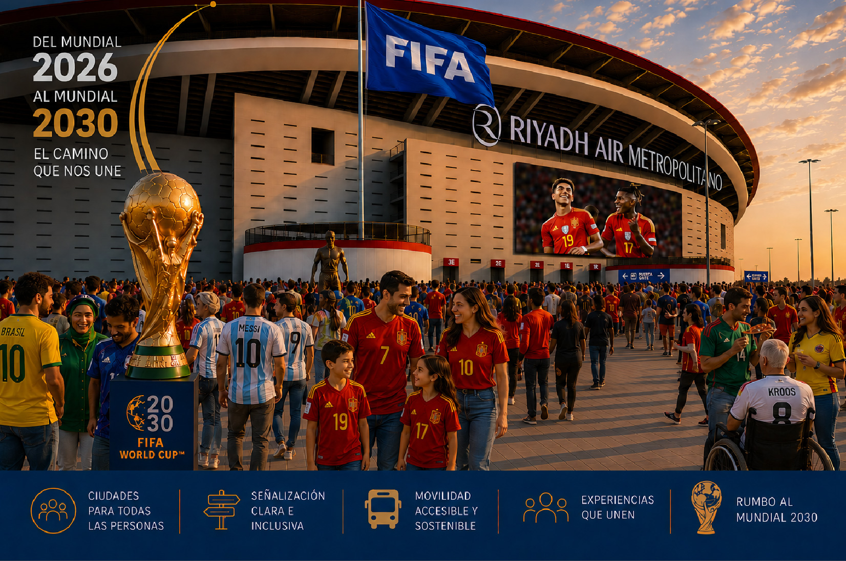 Ilustración frente al estadio Riyadh Air Metropolitano con aficionados de distintas nacionalidades durante un ambiente de Mundial. En primer plano, una familia con camisetas de España junto a personas diversas, incluida una persona usuaria de silla de ruedas. La imagen incorpora mensajes sobre accesibilidad, señalización inclusiva y rumbo al Mundial 2030.
