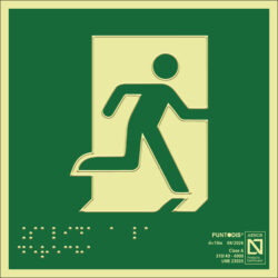 Placa fotoluminiscente Salida de emergencia a la derecha, braille y altorrelieve