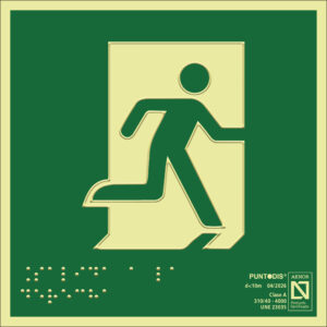Placa fotoluminiscente Salida de emergencia a la derecha, braille y altorrelieve